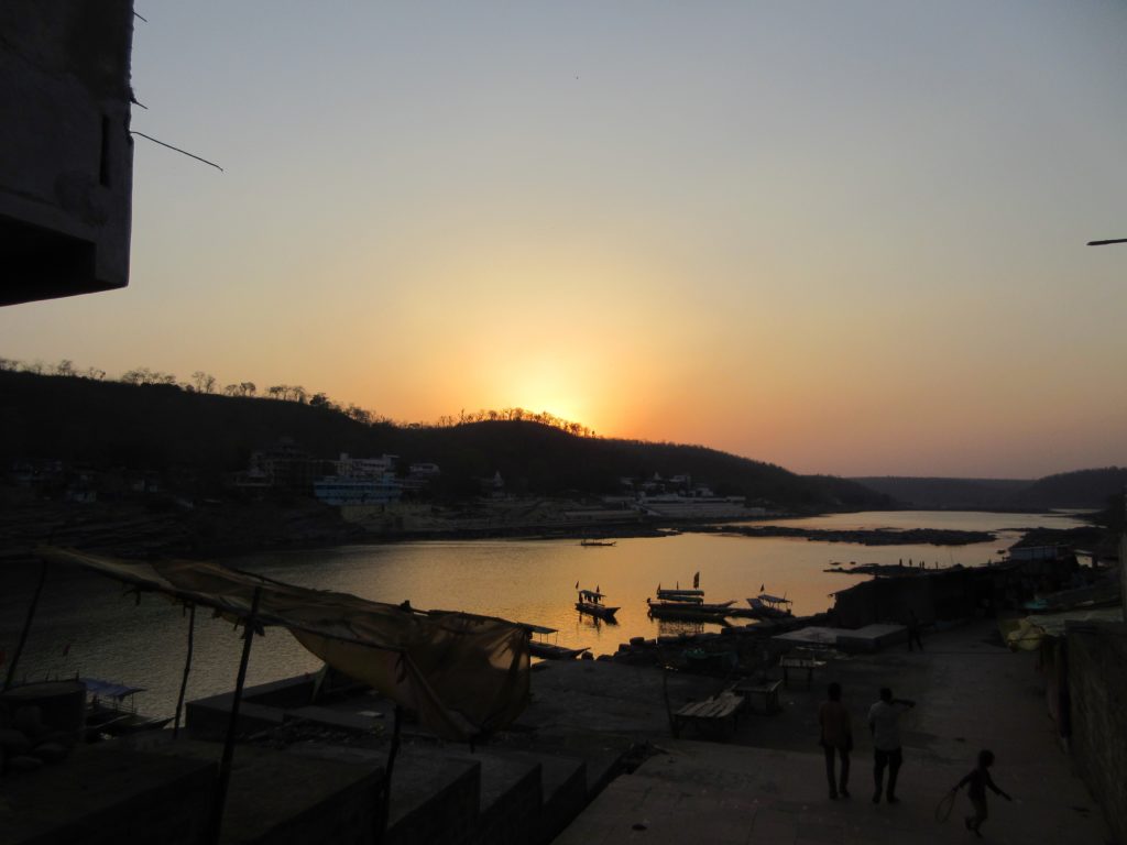 Sunset views of the Narmada river from Om Island.